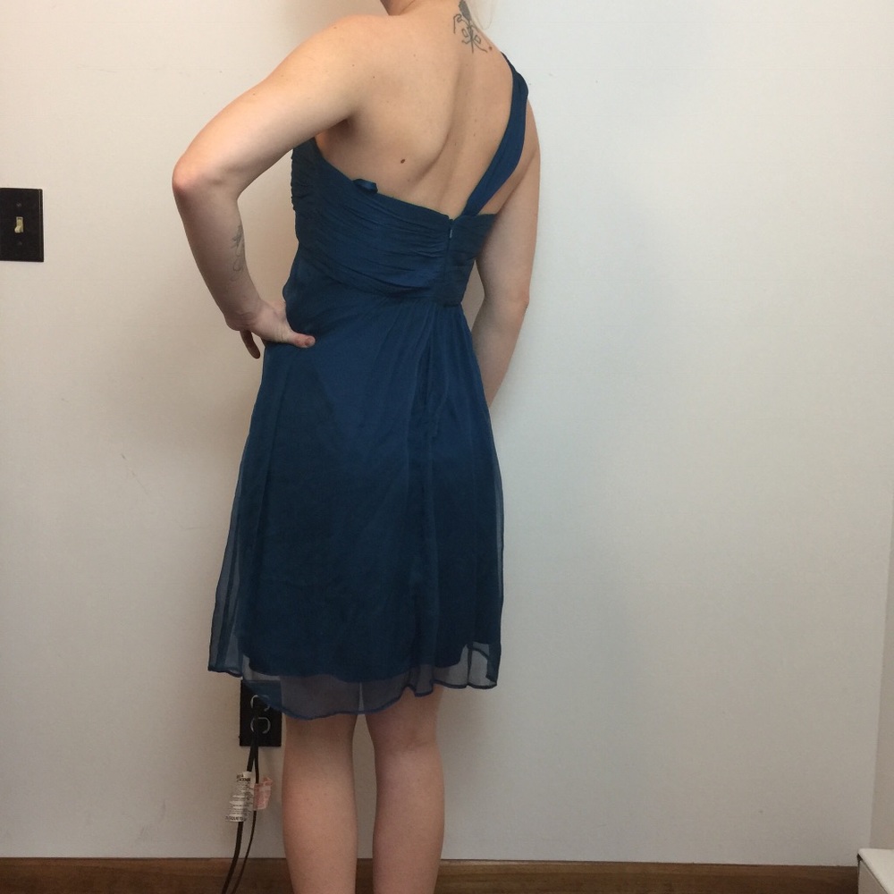 Amsale Blue Teal Silk One Shoulder Dress - Picture 5 of 8
